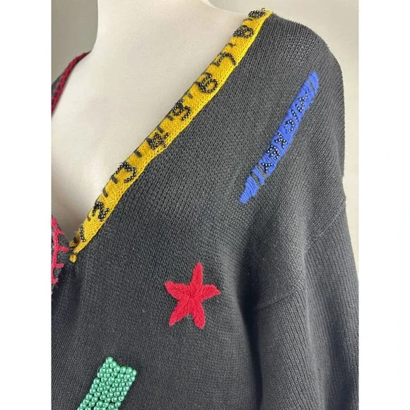 Rare Vtg Mickey & Co Oversized Cardigan Embellished Beaded Embroider Academic 3X - Picture 8 of 16
